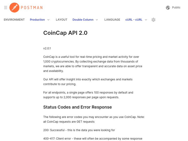 Screenshot of CoinCap API website