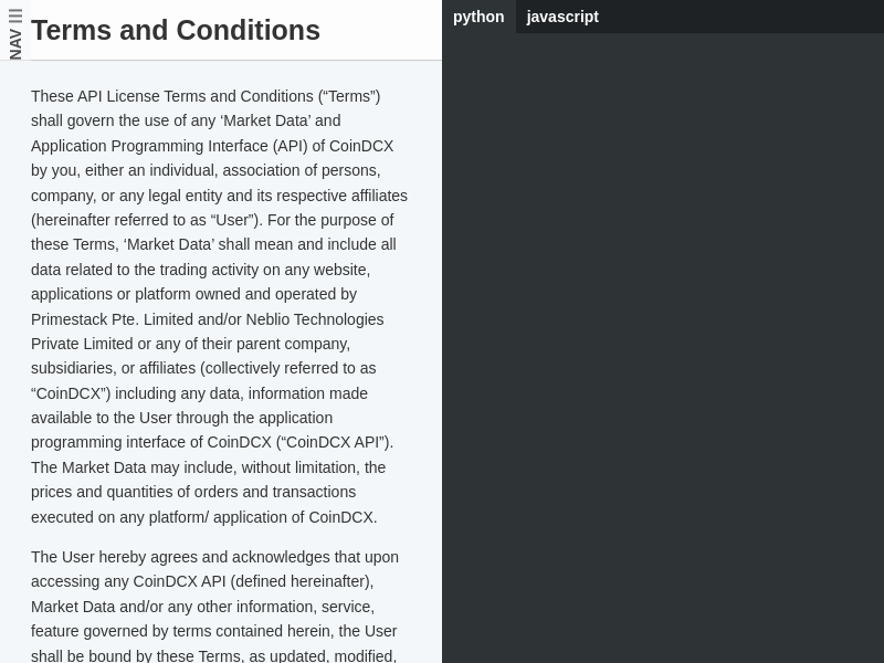 Screenshot of CoinDCX API website