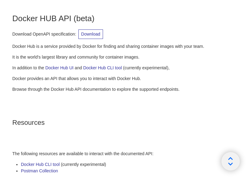 Screenshot of Docker Hub API website