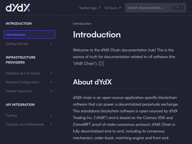 Screenshot of dydx API website