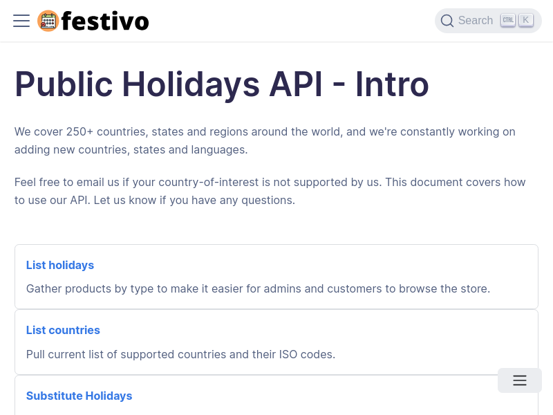 Screenshot of Festivo Public Holidays API website
