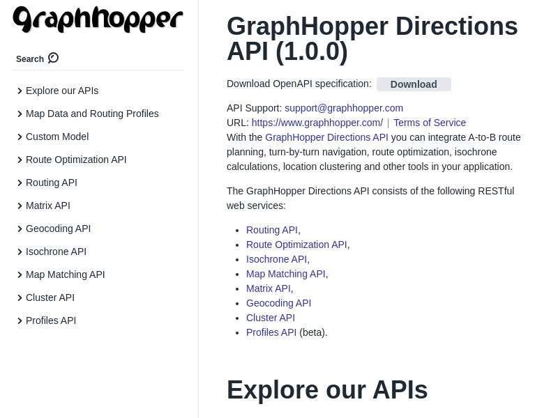 Screenshot of GraphHopper API website
