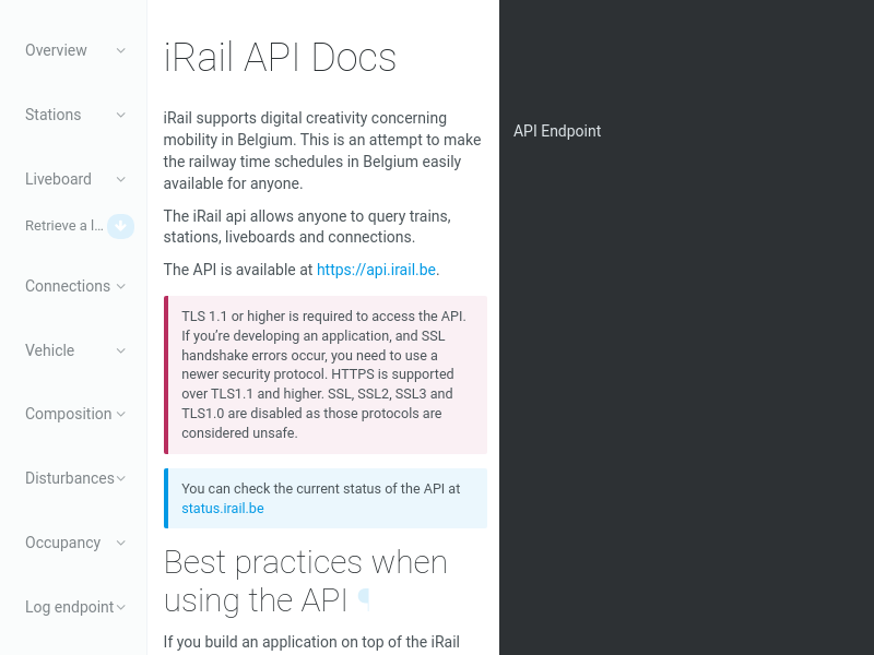 Screenshot of iRail API website