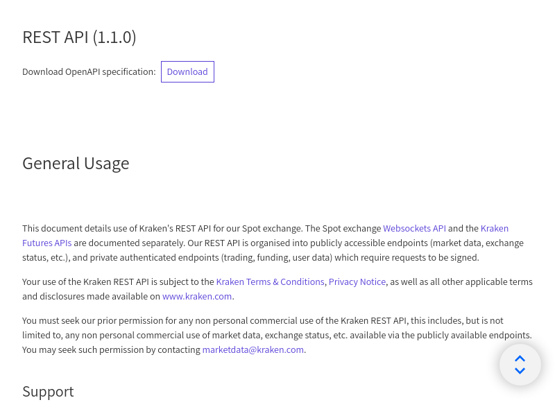 Screenshot of Kraken REST API website