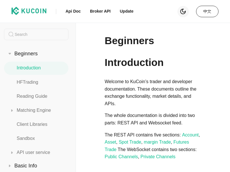 Screenshot of KuCoin API website