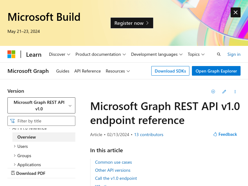Screenshot of Microsoft Graph website