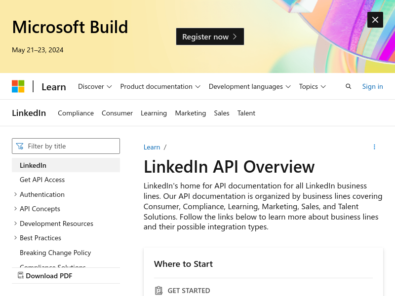 Screenshot of LinkedIn API website
