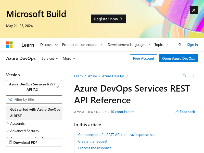 Screenshot of Azure DevOps API website