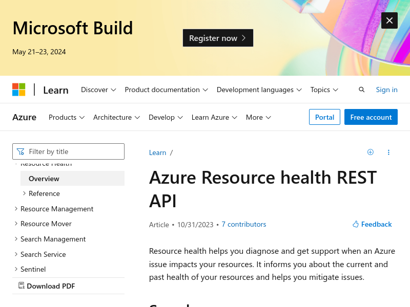 Screenshot of Azure Resource Health API website