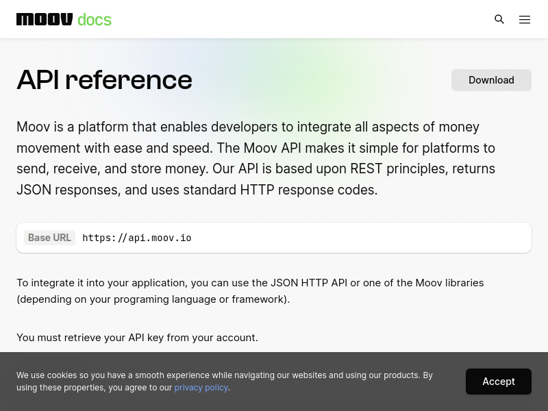 Screenshot of Moov API website