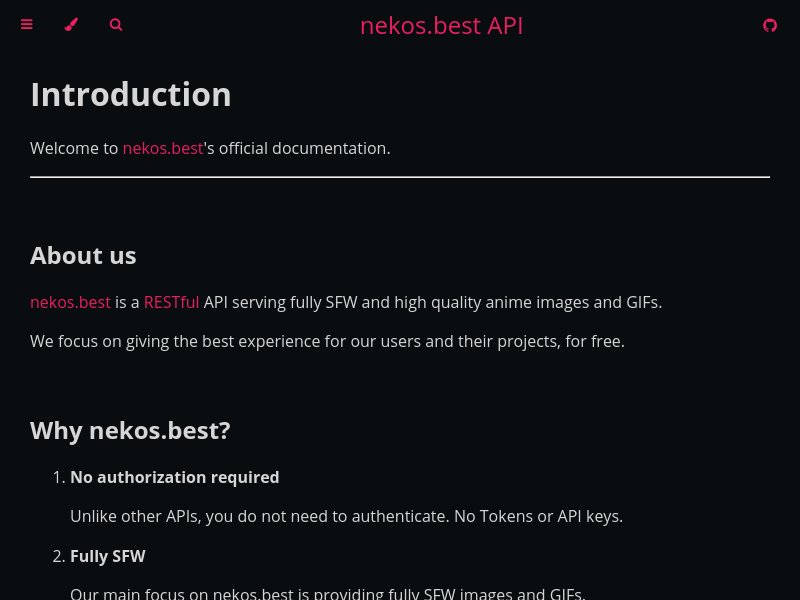 Screenshot of Nekos API website