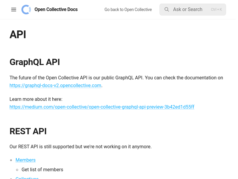 Screenshot of Open Collective API website