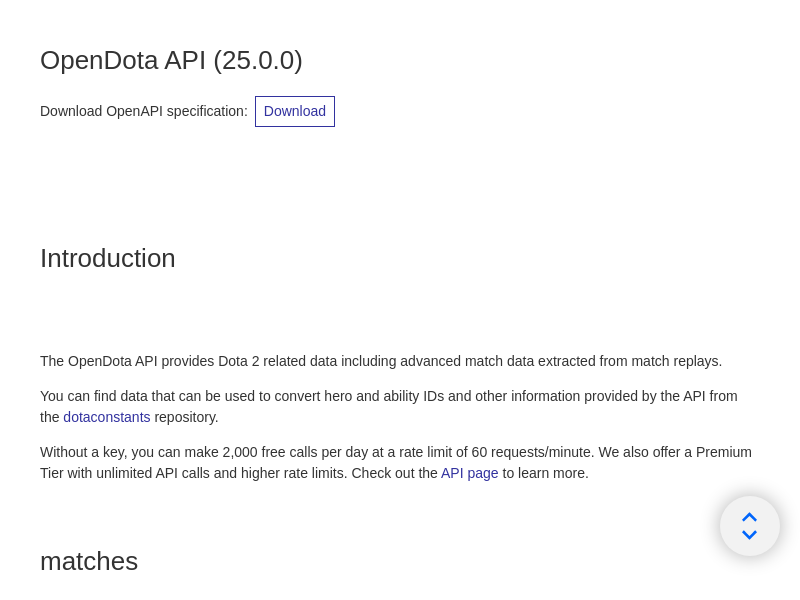 Screenshot of OpenDota API website