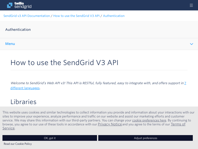 Screenshot of SendGrid API website