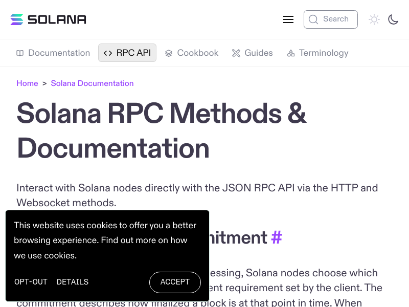 Screenshot of Solana JSON-RPC website