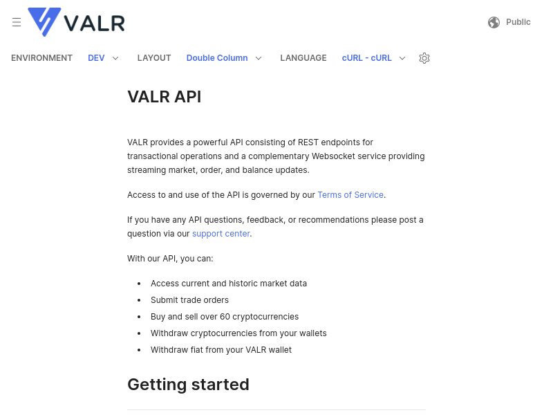 Screenshot of Valr API website