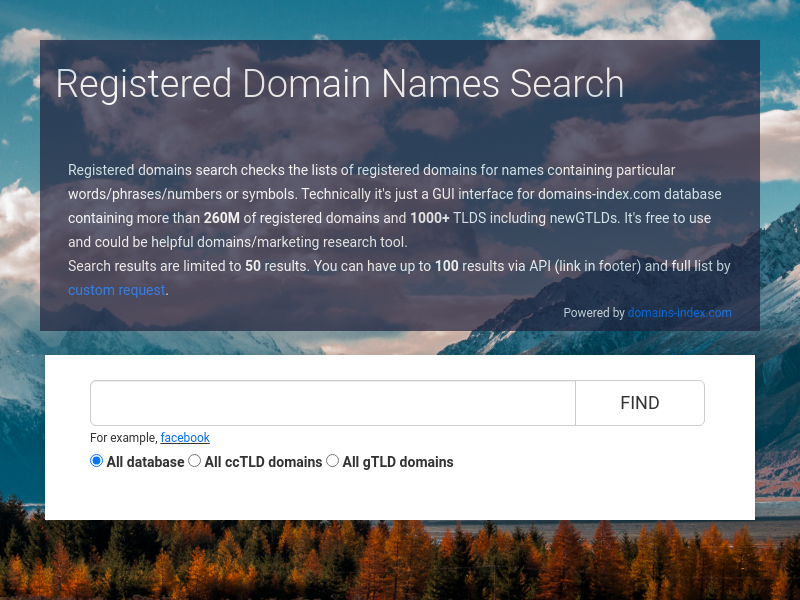 Screenshot of DomainsDB website
