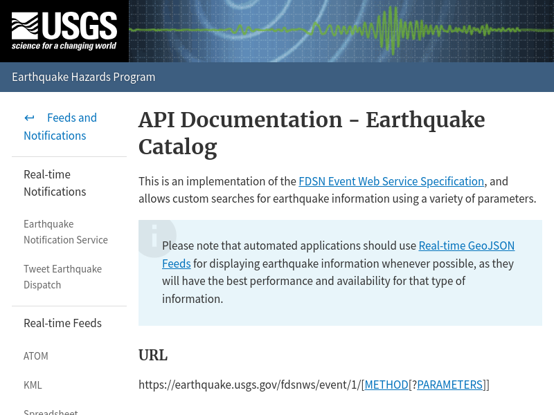 Screenshot of USGS Earthquake API website