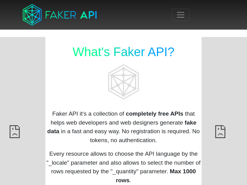 Screenshot of Faker API website