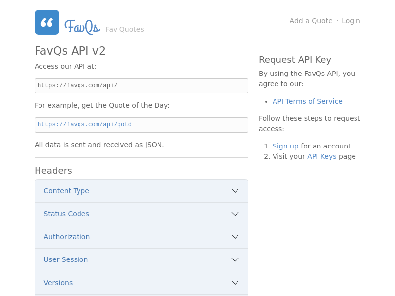 Screenshot of FavQs API website