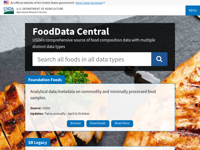 Screenshot of USDA FoodData Central API (FDC-API) website