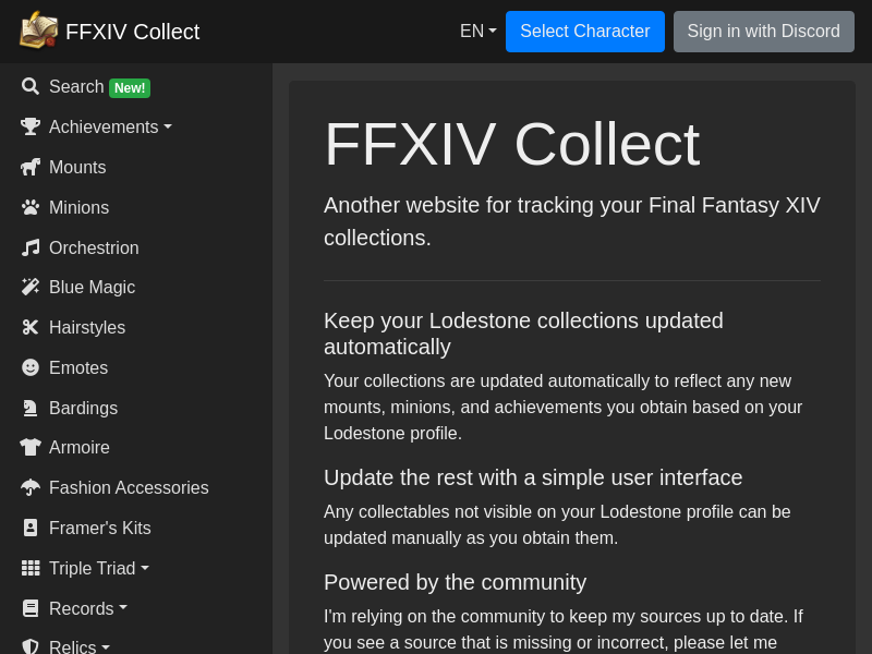 Screenshot of FFXIV Collect website