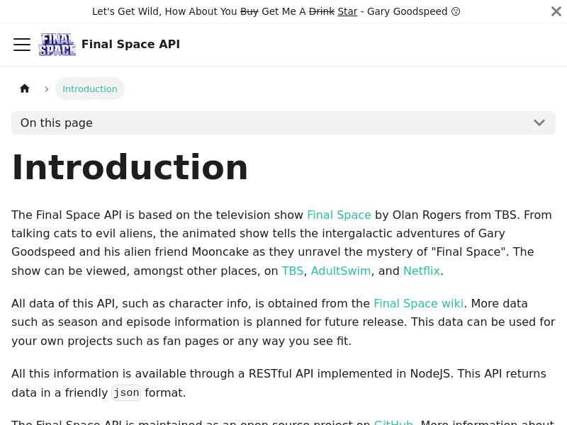 Screenshot of Final Space API website