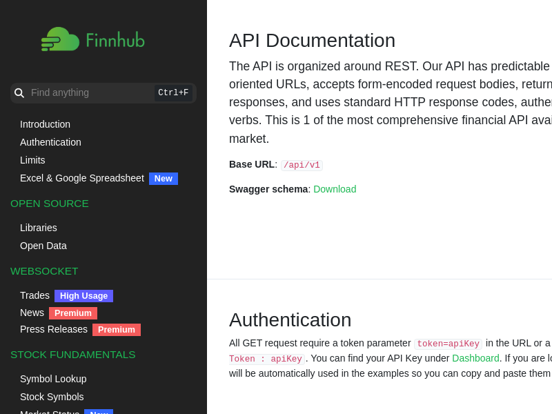 Screenshot of Finnhub API website