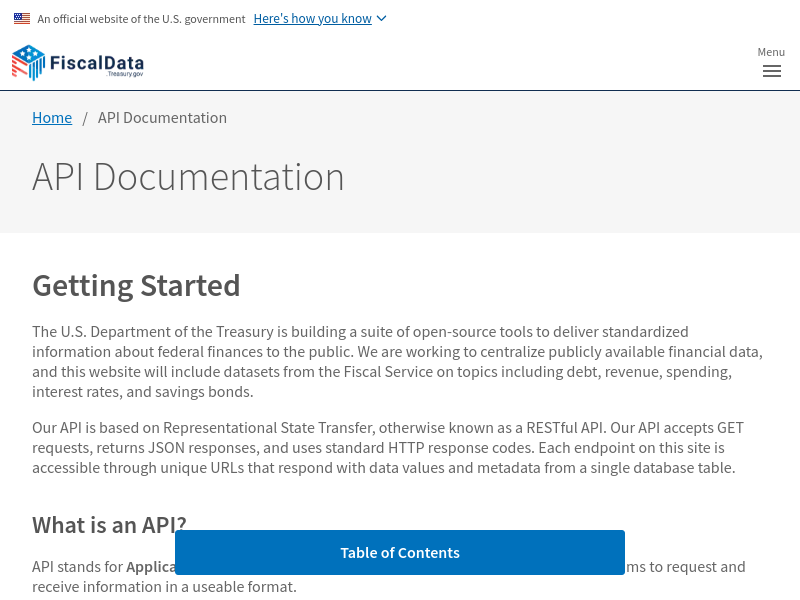 Screenshot of FiscalData Treasury API website