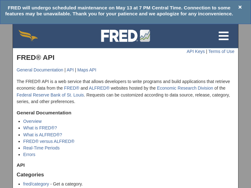 Screenshot of FRED API website