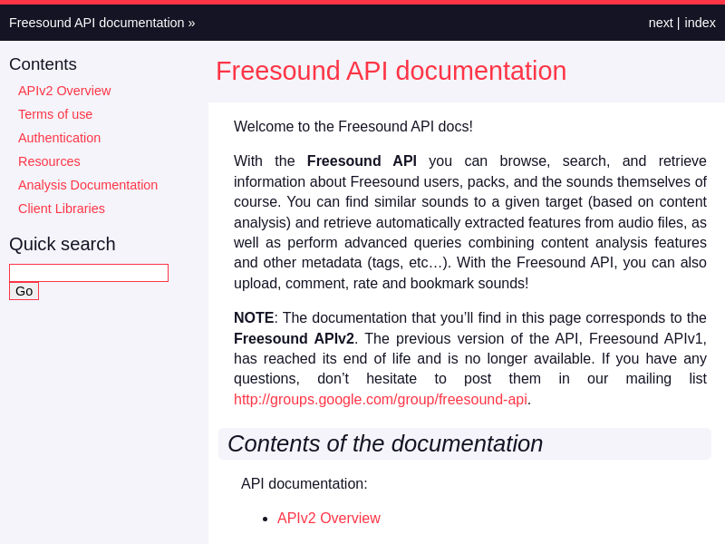 Screenshot of Freesound API website