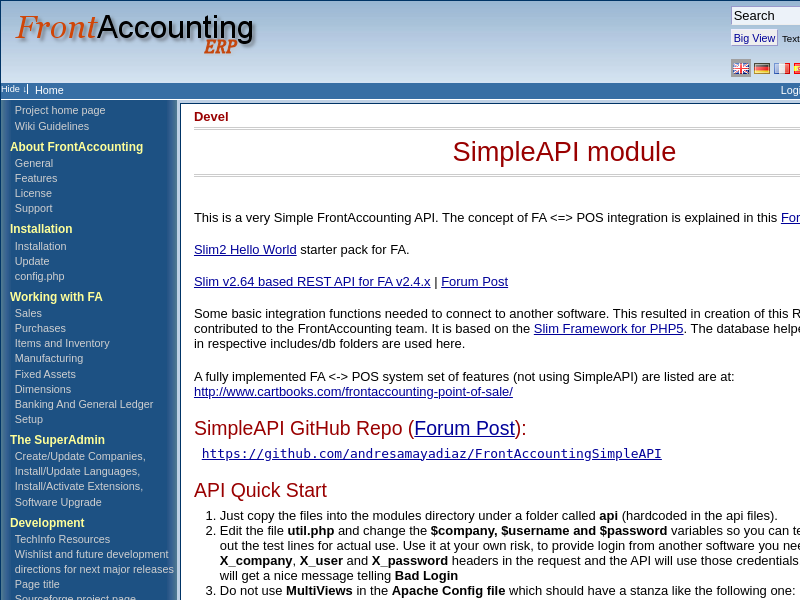 Screenshot of Simple API Module for FrontAccounting website
