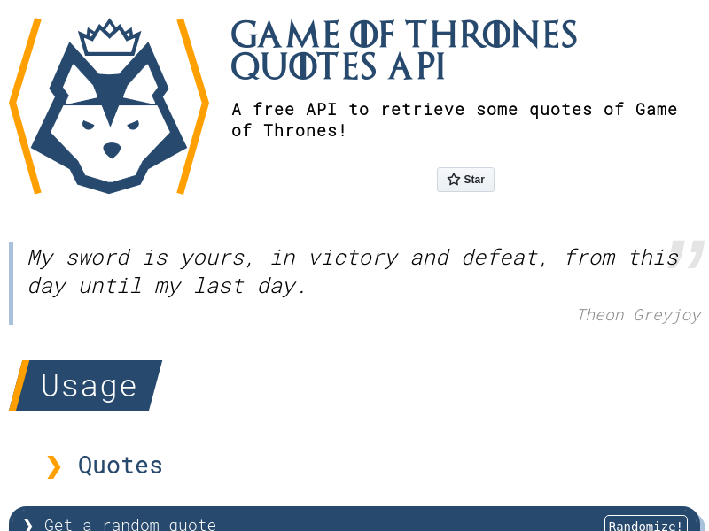 Screenshot of Game of Thrones Quotes API website