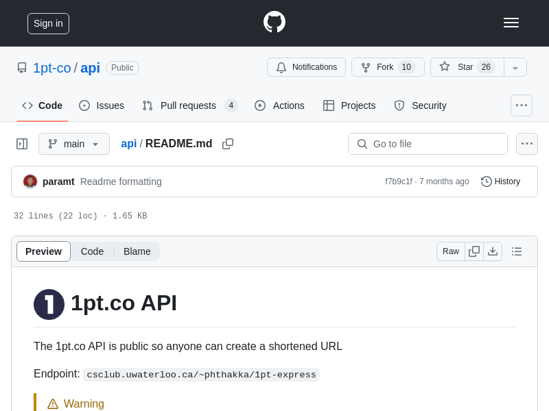 Screenshot of 1pt API website