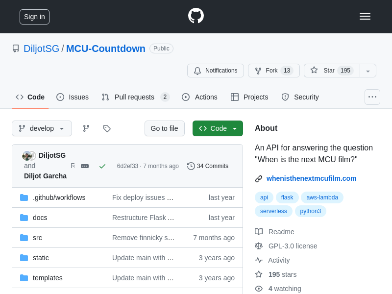 Screenshot of MCU Countdown API website