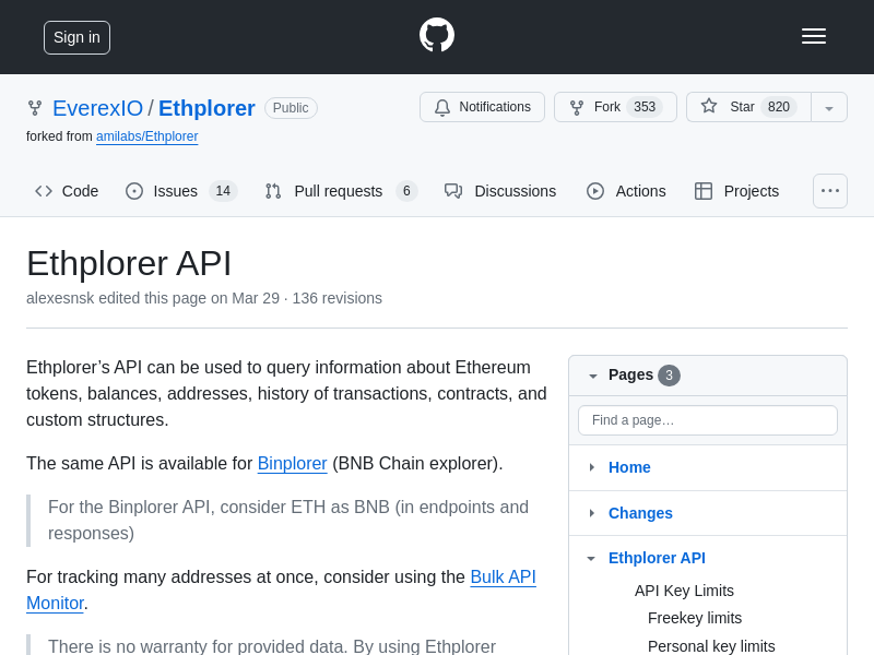 Screenshot of Ethplorer API website