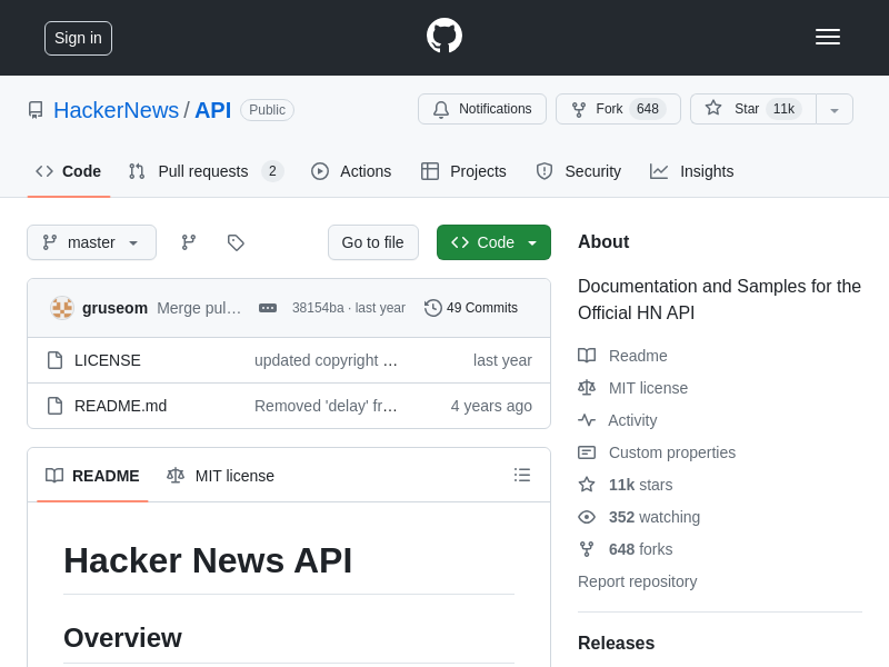 Screenshot of HackerNews API website