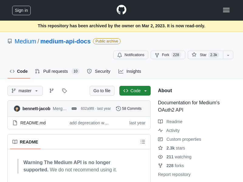 Screenshot of Medium API website
