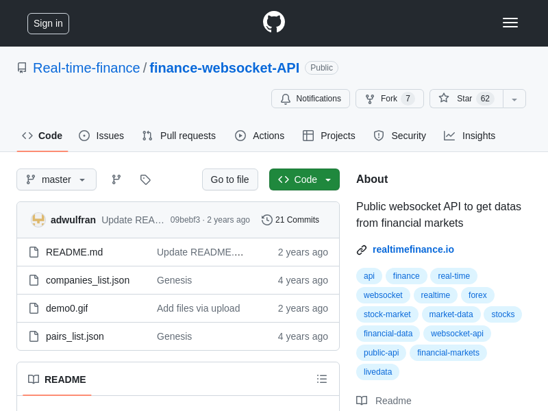 Screenshot of Real-time Finance Websocket API website