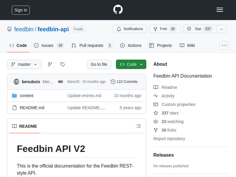 Screenshot of Feedbin API website