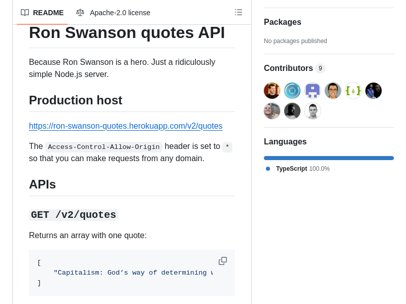 Screenshot of Ron Swanson Quotes API website