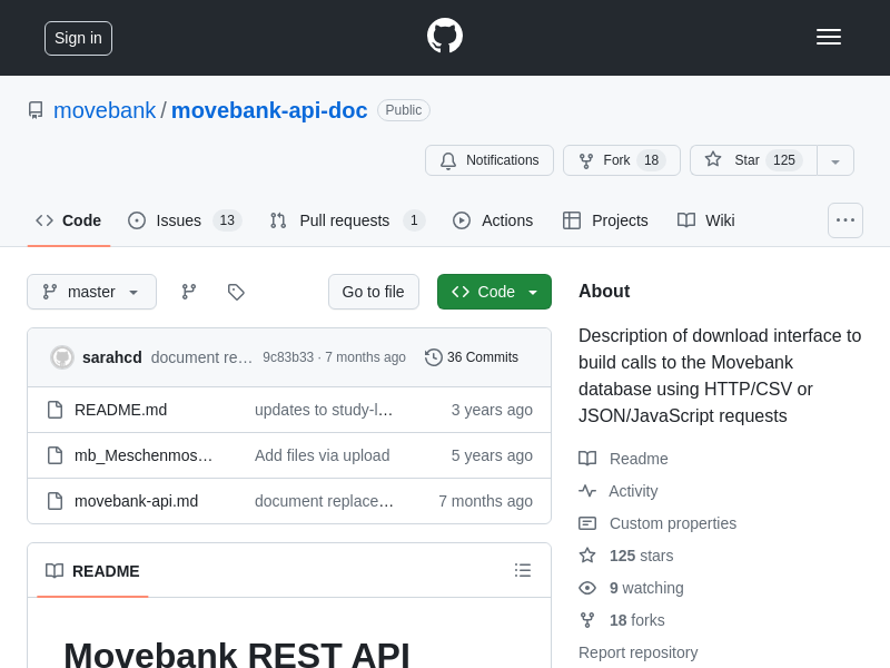 Screenshot of Movebank API website
