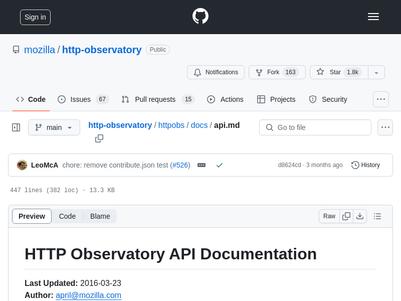 Screenshot of HTTP Observatory API website