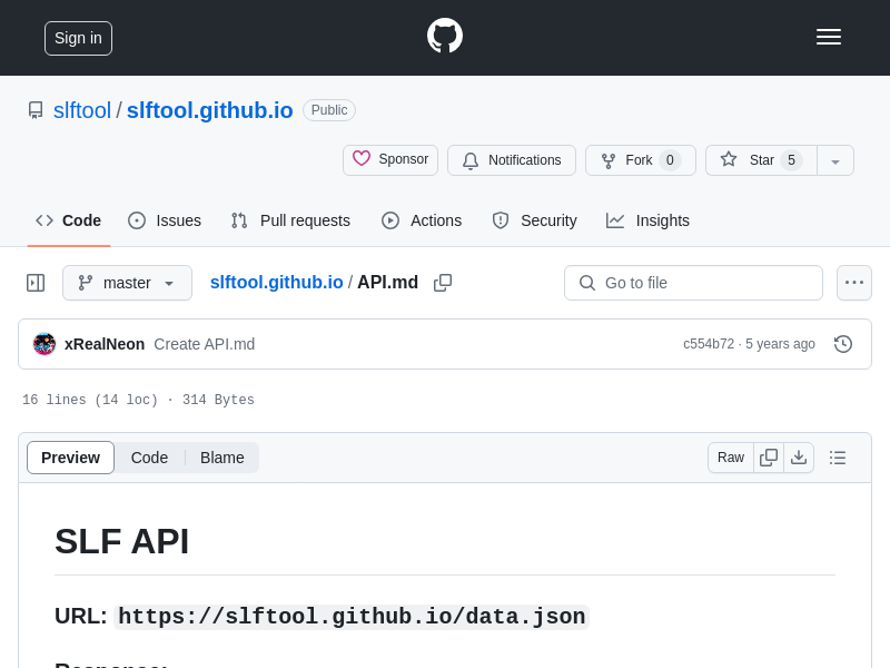 Screenshot of SlfTool API website