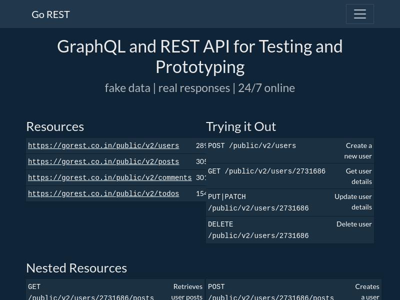 Screenshot of GOREST API website