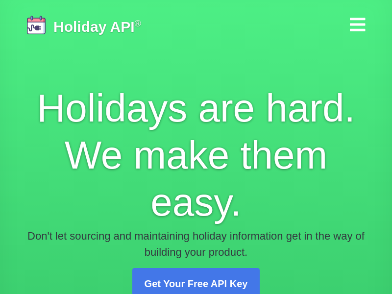 Screenshot of Holiday API website