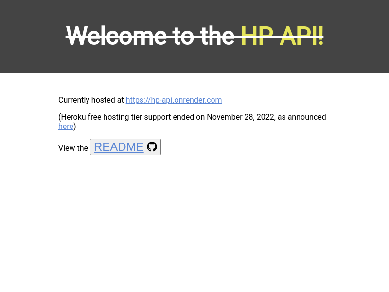 Screenshot of Harry Potter API website