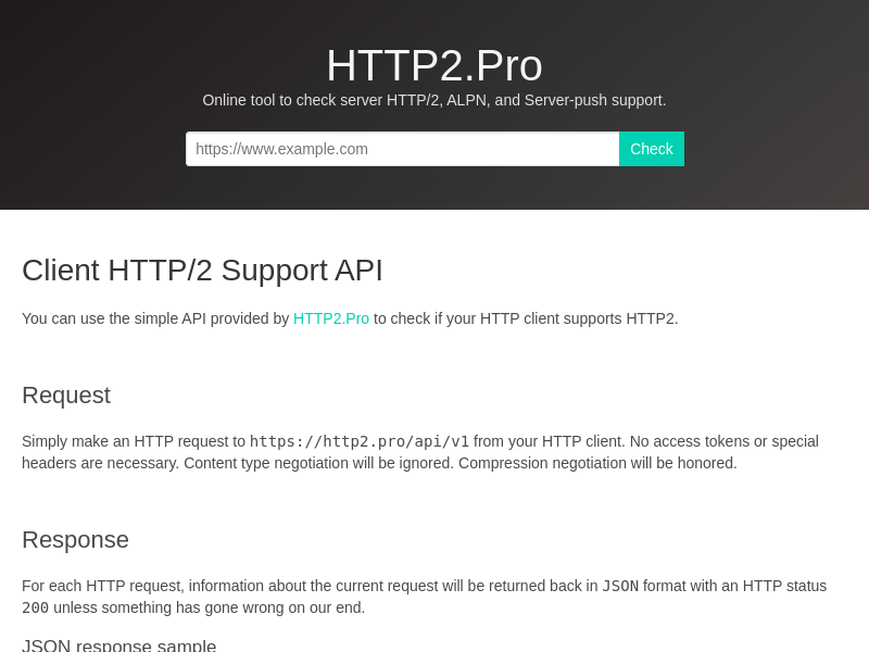 Screenshot of HTTP/2 API website