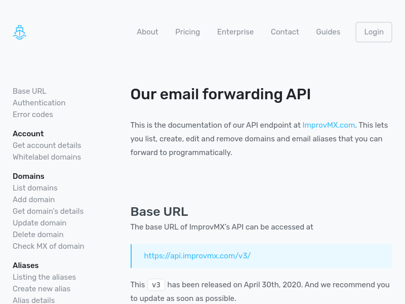 Screenshot of Improvmx API website