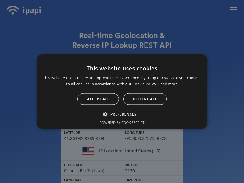 Screenshot of ipapi.com website